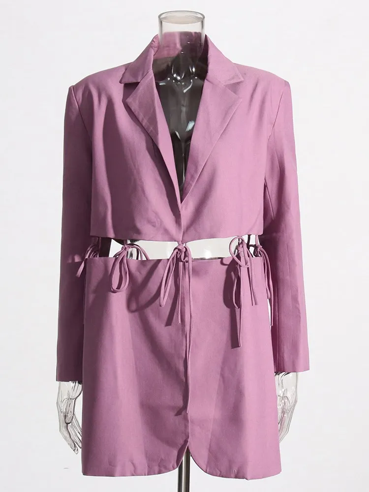 KBQ Temperament Patchwork Lace Up Straight Blazer For Women Notched Collar Long Sleeve Hollow Out Solid Loose Blazers Female New