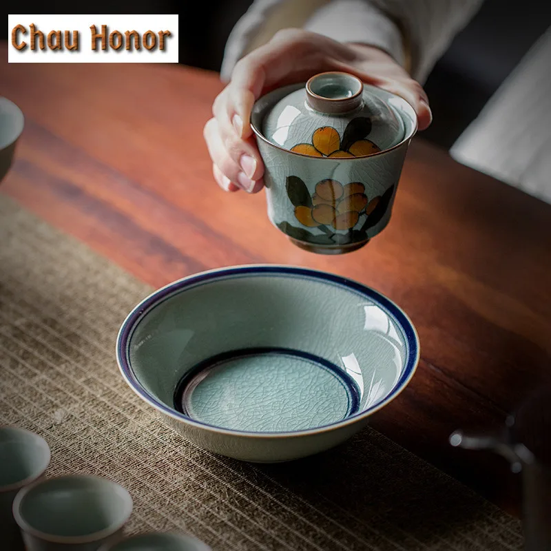 Boutique Ice Cracked Glaze Ceramic Tea Tray Zisha Pot Bearing Holder Household Gaiwan Coaster Kung Fu Tea Set Snack Fruit Plate