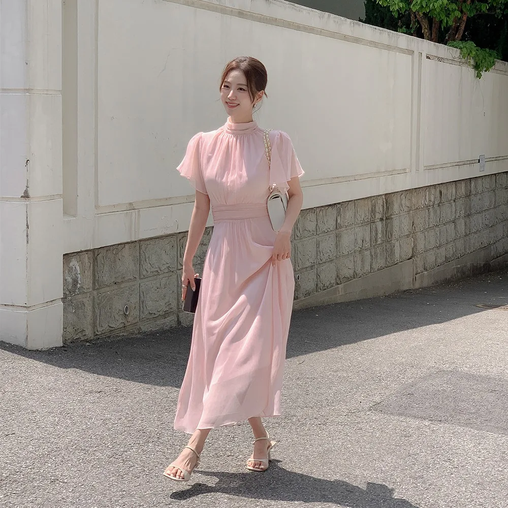 Elegant Solid Midi Dresses for Women Ruffles Half-high Collar A-line Office Lady Casual Korean Fashion Autumn Vestidos Mujer New