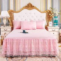 Pink Bed Skirt Non-slip Mattress Cover 3 Layers Bed Skirt Cover Princess Lace Ruffled Bed Skirt Bedsheet Kids Girls Bedspread 2