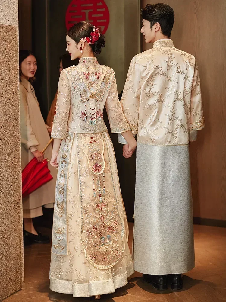 Traditional Clothing Women Xiuhe Bride Wedding Dress Chinese Top Toast Set Female Groom Tang Suit