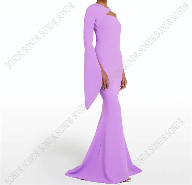 SONDR Purple Button Long Mermaid Cocktail Evening Dresses One Sleeves O Neck Matt Satin Formal Celebirty Night Prom Gowns Dress