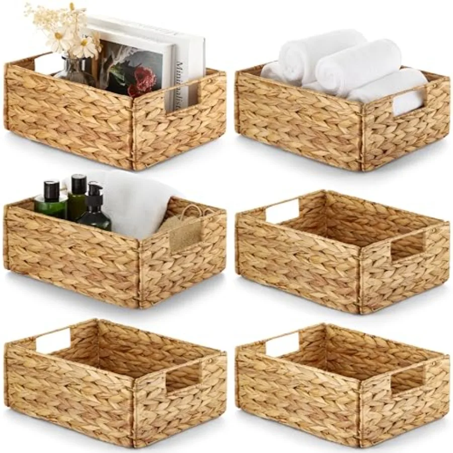 Water Hyacinth Storage Baskets Set of 6 Woven Hyacinth Organizer with Carrying Handles Laundry Basket for Organizing Rattan Bin
