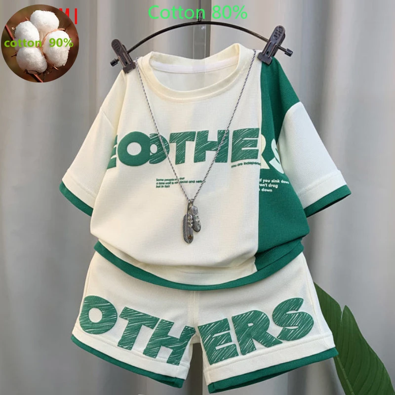 

Korean Children's Clothes 2024 Summer Teenage Boy Letter Outfit New Kid Suit Thin Short Sleeves T-shirt + Shorts Two Piece Set