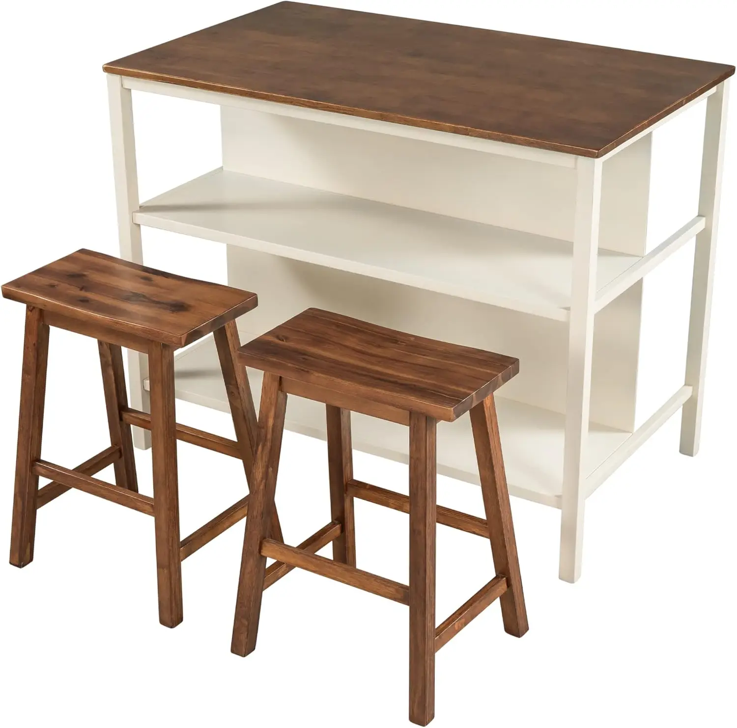 3-Piece Kitchen Island Set with 2 Stools and 2 Shelves, Rustic Rubber Wood Dining Set Prep Table with Open Shelves