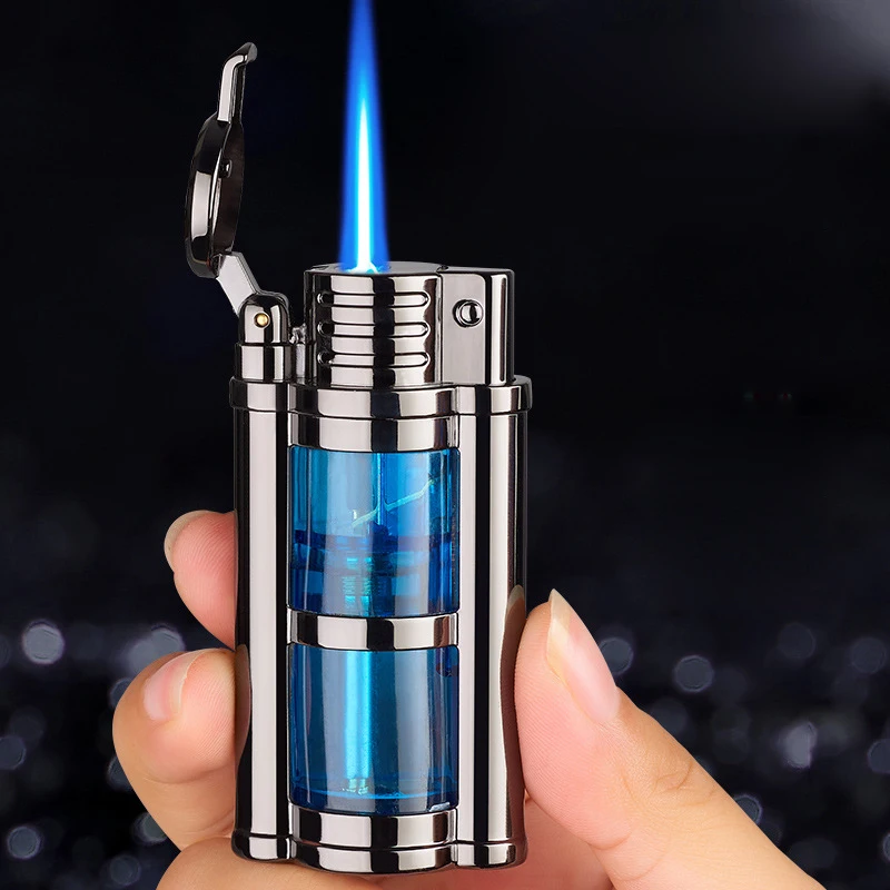 Creative Mechanical Butane Gas Lighter Metal Outdoor Windproof Blue Flame  Turbo Jet Transparent Warehouse Recycle Lighters Gift