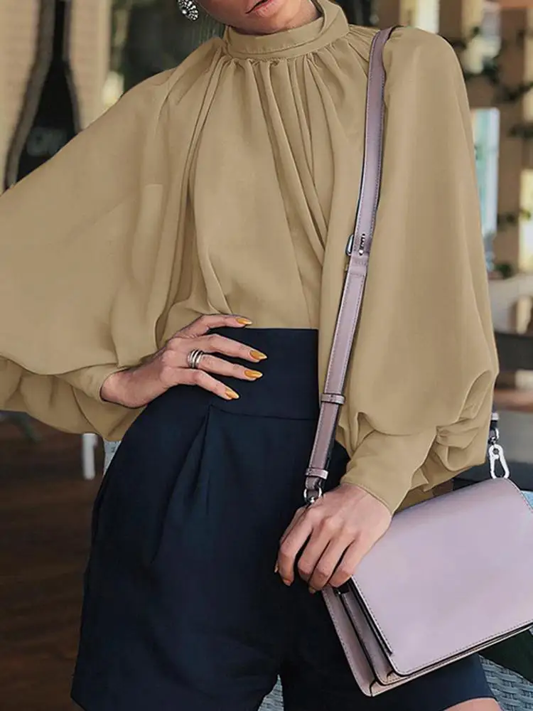 Elegant Female Solid Shirt Tunic Tops Long Lantern Sleeve Blouse Casual Baggy Party Office Chemise| | - AliExpress