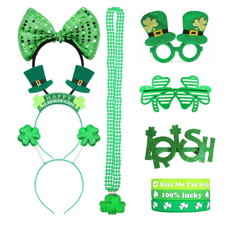 

St Patricks Day Women Shamrock Headband with Bangles&Beads Necklace&Glasses Festival Costume for Cosplay Performances