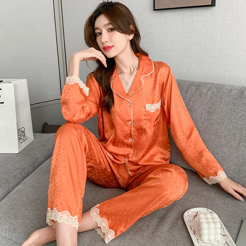 

Spring Autumn Long Sleeved Cardigans Pants Pajamas Fashion Flip Collar Nightwear Printed Home Clothes Casual Loose Fit Sleepwear