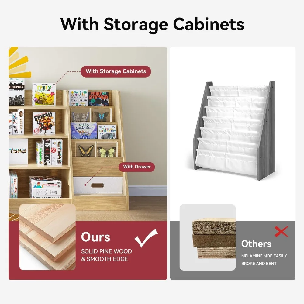 4 tier kids wooden bookshelf with drawer, five layer sling children bookcase, baby storage book rack, book and toy organizer ca