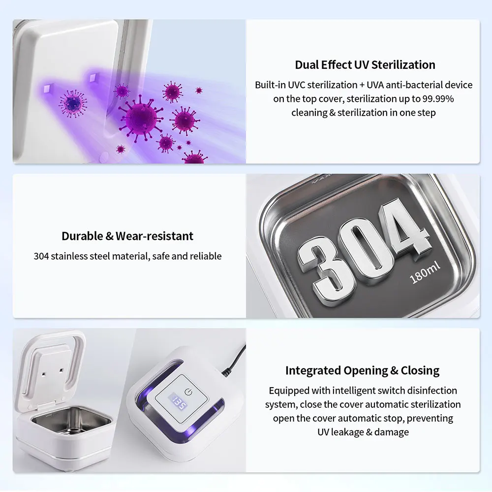 180ml Ultrasonic Cleaner UV Sterilization Ultrasound Dental Assistant Denture Washing Machine For False Teeth Aligner Retainer