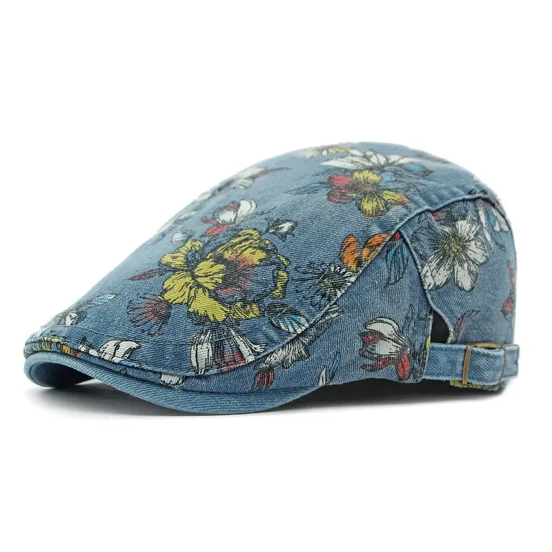 Newsboy Cap Four Seasons Cotton Flower Print Newsboy Caps Flat Peaked Cap Men and Women Painter Beret Hats 163