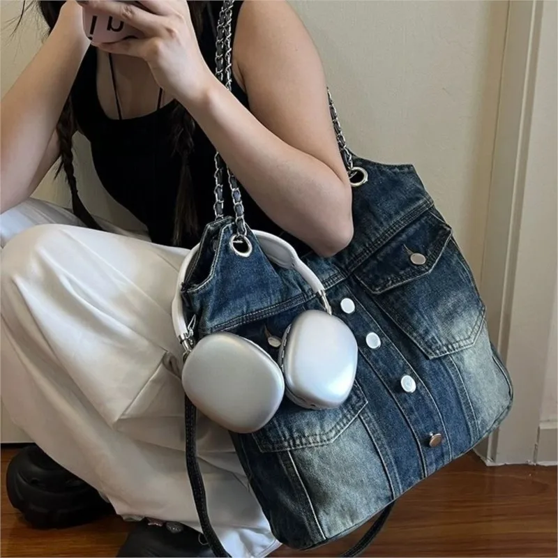 JIAERDI Hot Girls Denim Shoulder Bags Women Harajuku Aesthetic Chain Pocket Y2k Handbag Female Vintage Underarm Crossbody Bag