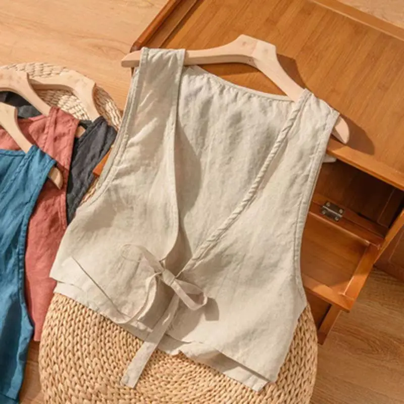 Ethnic Style Cotton and Linen Solid Color Lace-up Open Vest Women's Retro New Top Loose Trend