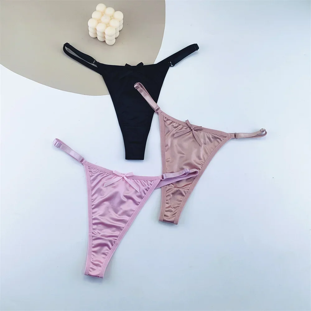 3PCS Adjustable Satin Thong Women Sexy G-string Underwear Low Waist T Back Peach Buttocks Tempting Sexy Bow Lingerie