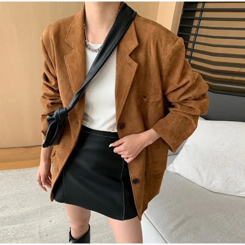 Casual Suede Long Sleeve Jackets Women Autumn Loose Brown Lapel Coat Top With Pockets Female Elegant Chic Street New in Outwear