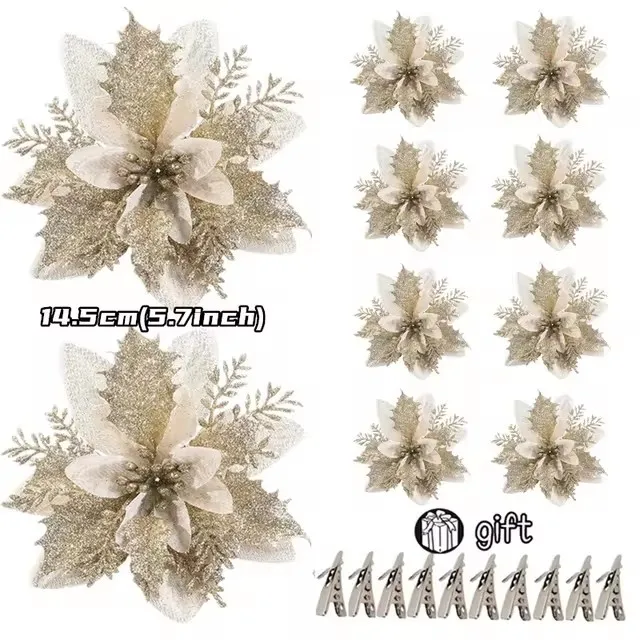 thumbnail image 1 of 100-1 pieza de 14,5 cm de flores artificiales de Navidad, adornos para árboles de Navidad, adornos de Feliz Año Nuevo, flores falsas de Navidad, 1 of 5