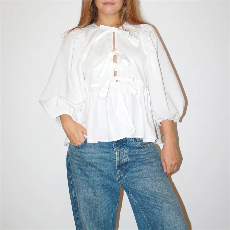 Camisas Y2K para mujer, ropa estética, elegante, color sólido/rayas, manga 3/4, cárdigan con lazo, blusa de los años 2000, ropa de calle