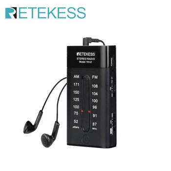 RETEKESS TR107 휴대용 미니 포켓 라디오 FM AM 포인터 튜닝 스테레오 지원, 조깅 체육관용 이어폰이 있는 BBS 메가베이스