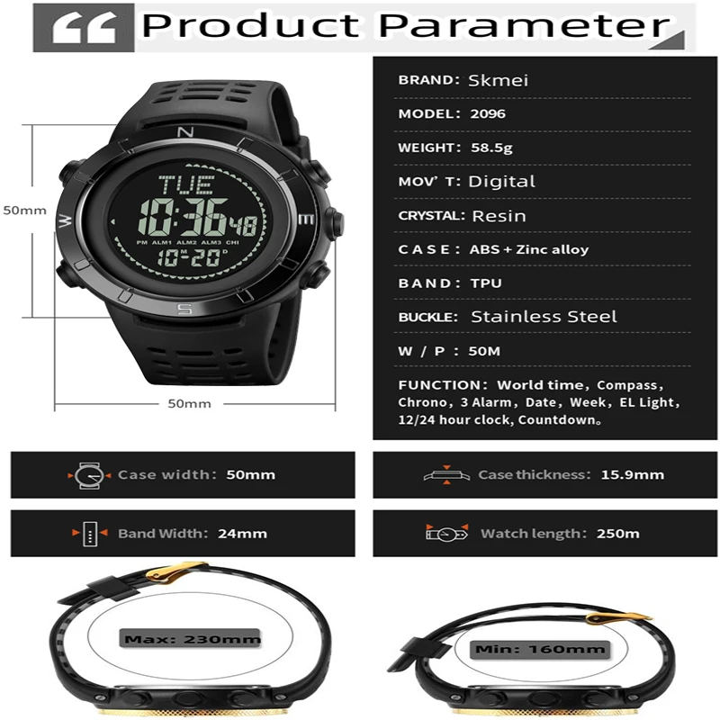 Skmei Electronic Compass Digital Watches for Mens Multiple Time Zone LED Waterproof Sports Wristwatch 3 Alarm Clock view 3