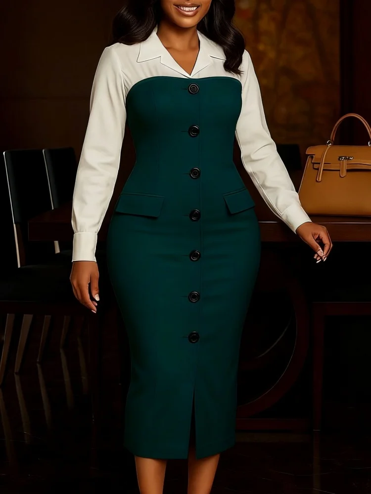 Wmstar Dress Women Wholesale Autumn Winter Fashion Professional Long Sleeved Suit Collar Patchwork Pencil Skirt Export 2025