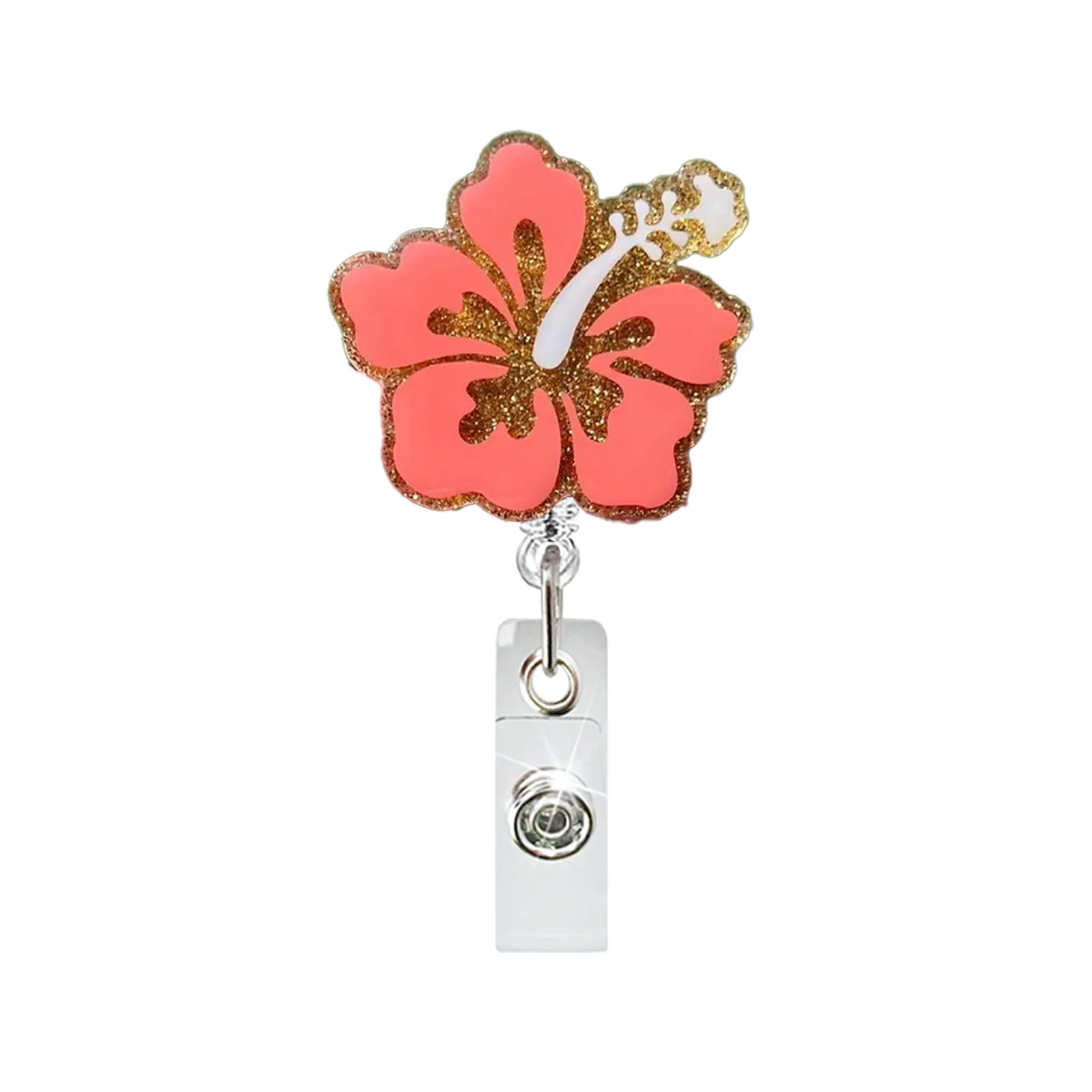 글리터 히비스커스 배지 릴 접이식 ID 홀더 아크릴 악어 클립 의료진 간호사 사무실 전시회 선물 용품