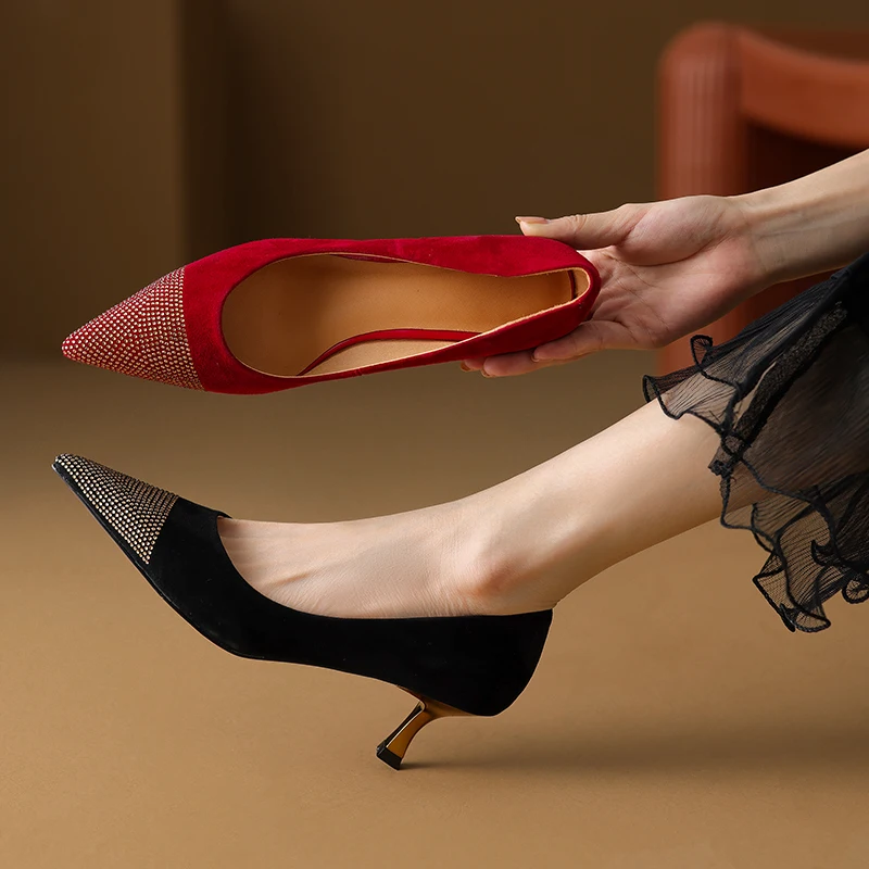 

2023 new Spring women pumps natural leather 22-24.5cm sheepskin suede+pigskin full leather high heels pointed toe women shoes