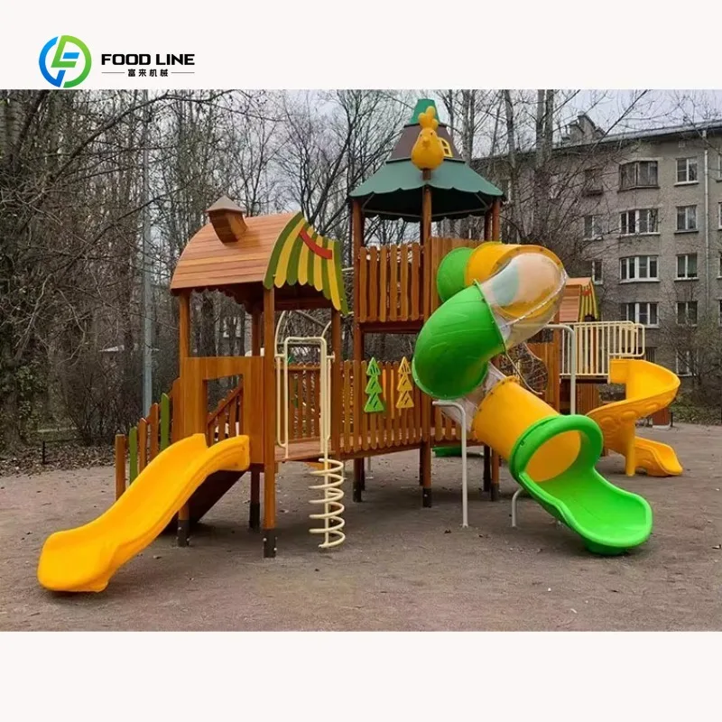 Attrezzature da gioco per esterni in legno per bambini con scivolo e struttura da arrampicata integrati per parchi pubblici, scuole mattonelle e scuole, personalizzabili - immagine 2