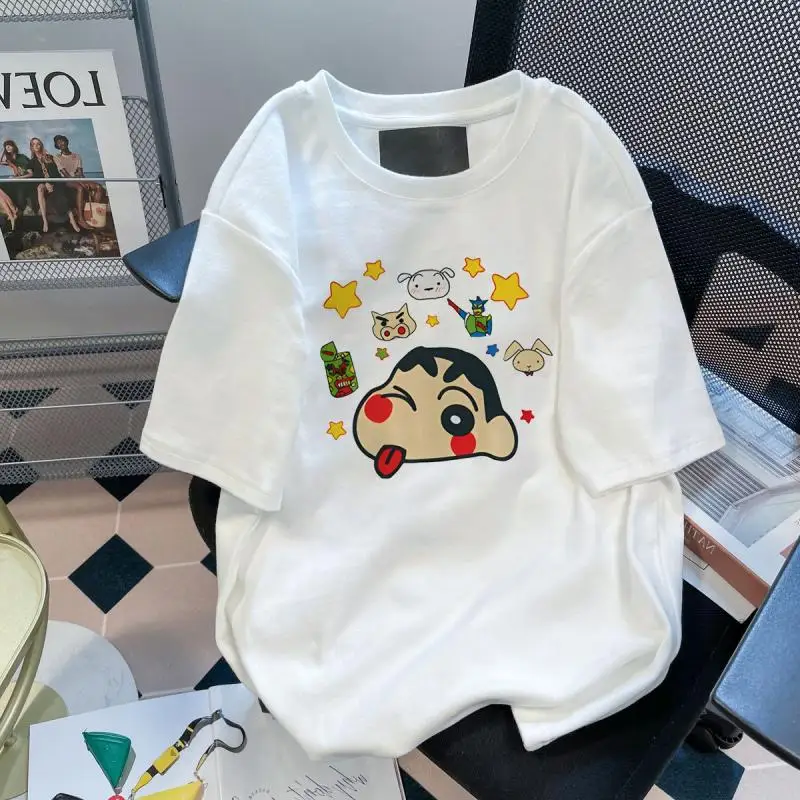 

Bandai Kawaii Short Sleeve Anime Cute Cartoon Creative Crayon Shin Chan Printed T Shirt Women Loose Fitting Comfortable Top