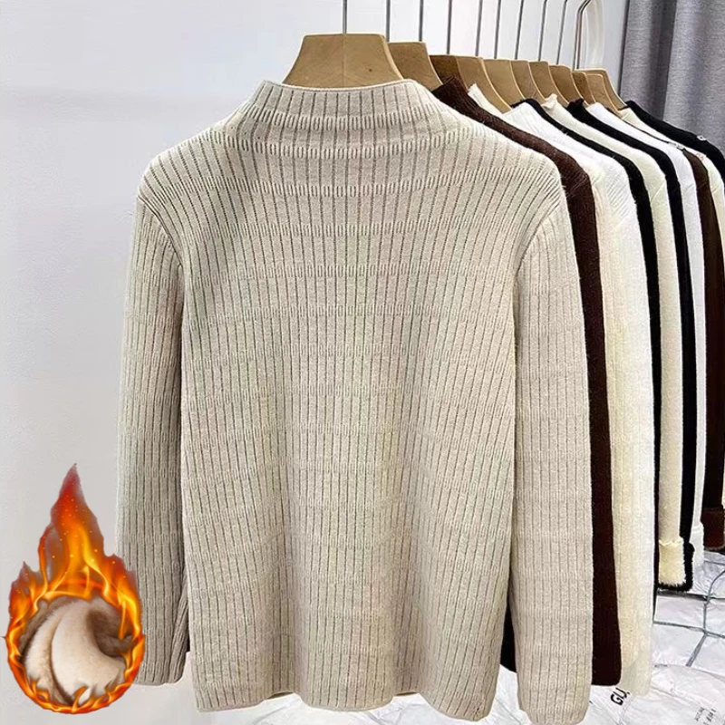 Women Warm Knitted Turtleneck Sweater Winter 2025 Solid Base Layer Top Korean Style Fleece Lined Long Sleeves Thick Pullover 45