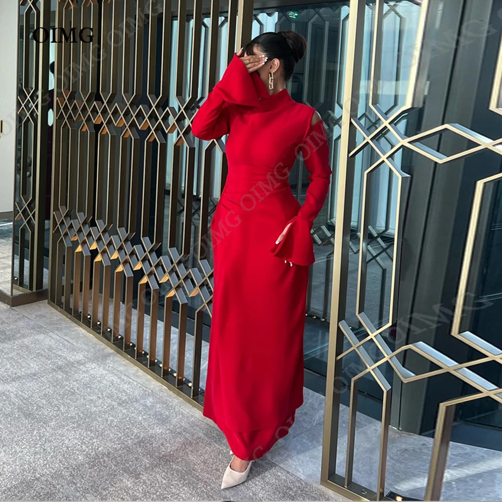 

OIMG Red Satin High Nec Prom Dresses Saudi Arabic Women Pleats Custom Floor Length Evening Gowns Formal Party Dress Celebrity