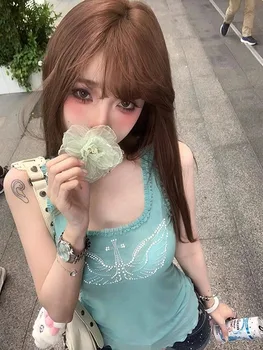 2026 New Mesh Patchwork  Tank Top Summer Sleeveless Tops Mujer Y2k E-Girl Slim Fit Diamond White Vest for Women 1
