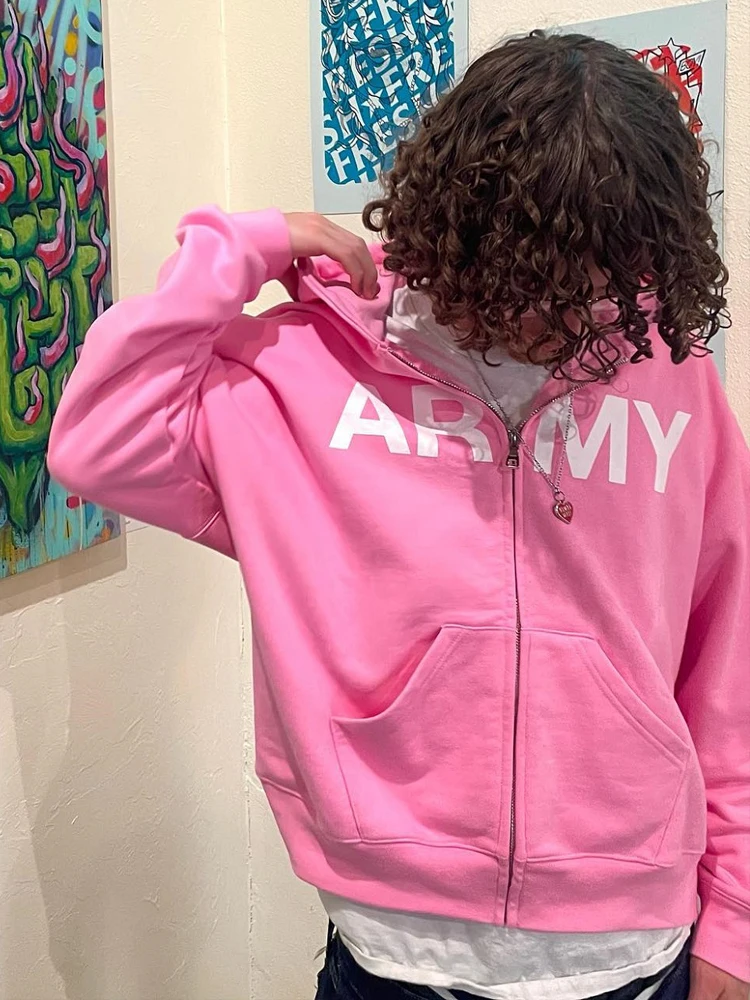 数々の賞を受賞 Pink Print Hoodie Y2K Harajuku Clothes Hooded Zipper Full トップス
