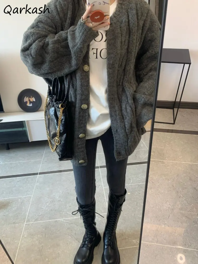 

Серые кардиганы для женщин, шикарные мешковатые осенние Простые Модные свитера в стиле ольччан для ленивых девушек, универсальные вязаные в стиле преппи для колледжа