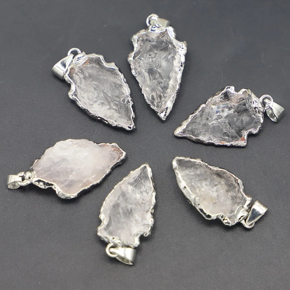 

Natural Stone Raw Ore Gems Clear Quartz Reiki Crystal Pendants Arrowhead Charm Platinum Healing for Necklace Jewelry Making 6pcs