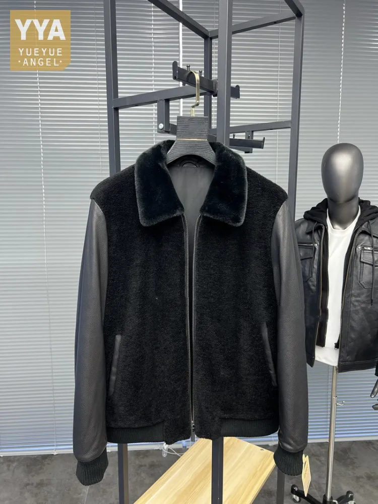 

Mens Long Sleeve Genuine Leather Jacket New Autumn Winter Zipper Fashion Wool Coat Turn-Down Collar Street Casual Outerwer Male