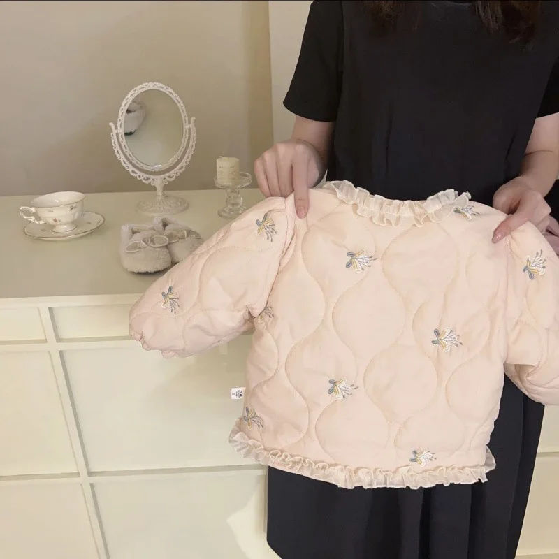 Embroidery Floral Print Lace One Breasted Fleece Jacket 1-6Y Kids Fall Winter Warm Quilted Outerwear Baby Girls Cute