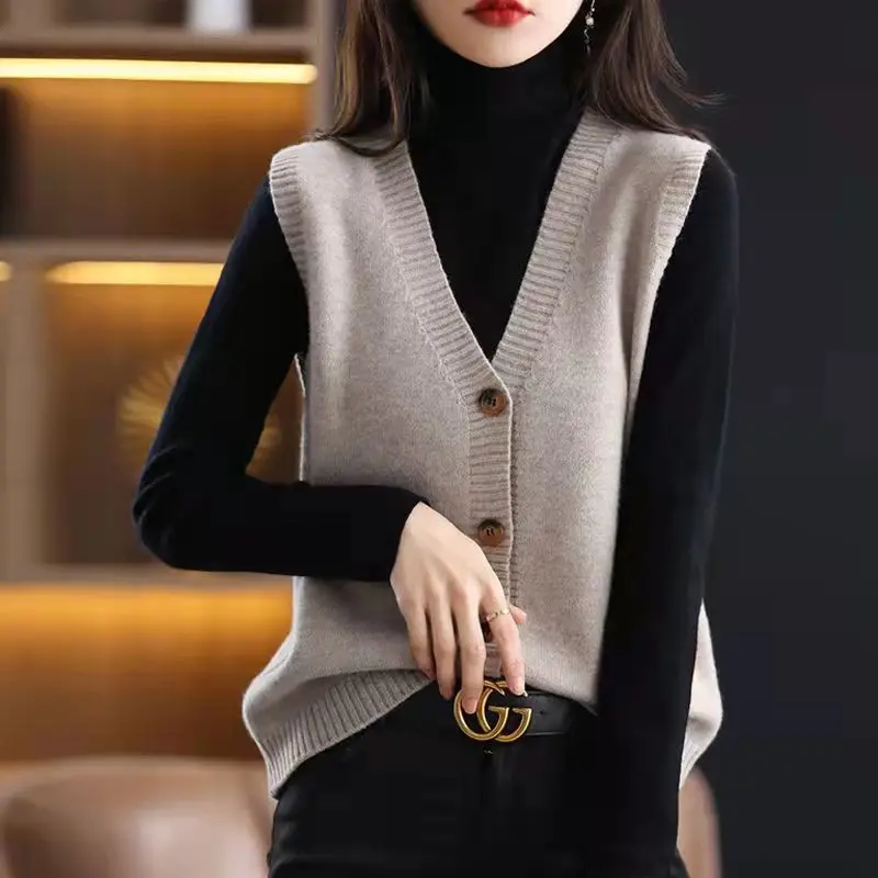 여성용 V넥 패치워크 단추, 슬림한 단색, 루즈한 캐주얼 패션, 우아한 민소매 스웨터 조끼, 2023 가을 및 겨울 