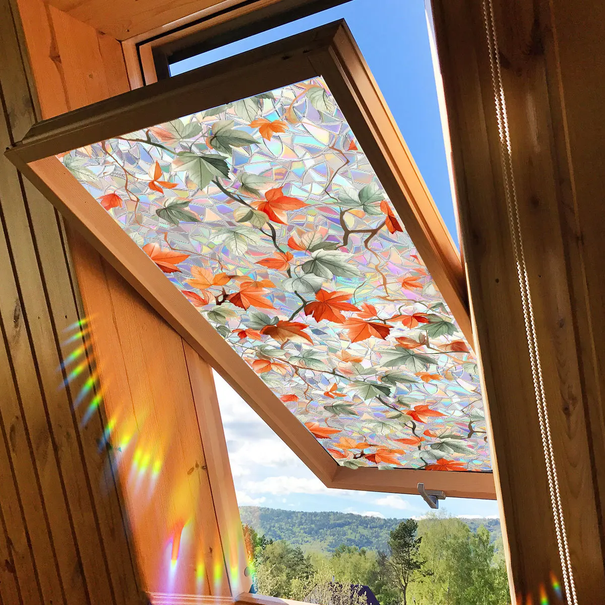 Fresh Retro Flower Vine Maple Leaf Sunshine Colorful Electrostatic Glass Stickers Window Stickers Double Sided Visual Decoration