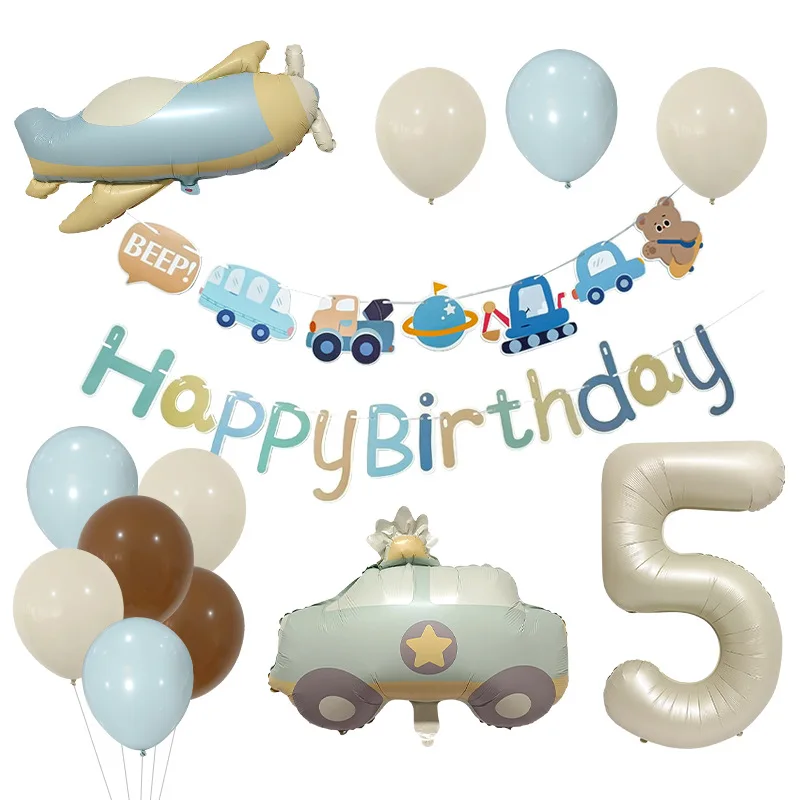 16pcs Cream Number Car Airplane Foil Balloons 1st Birthday Party Decor Kids Girl Boy Baby 1 2 3 4 5 6 7 8 9 Year Old Supplies