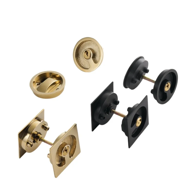 Brass sliding door handle lock set, kitchen bathroom wooden door inlaid with ultra-thin shiny PVD gold matte black