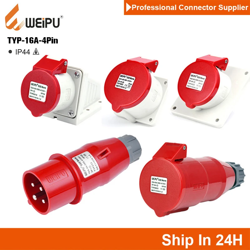 

Industrial 4Pin IP44 Red 16A 400V Circular Power Plug Docking Wall Surface Mounted Socket Inlet Connector for Aviation Auto Car