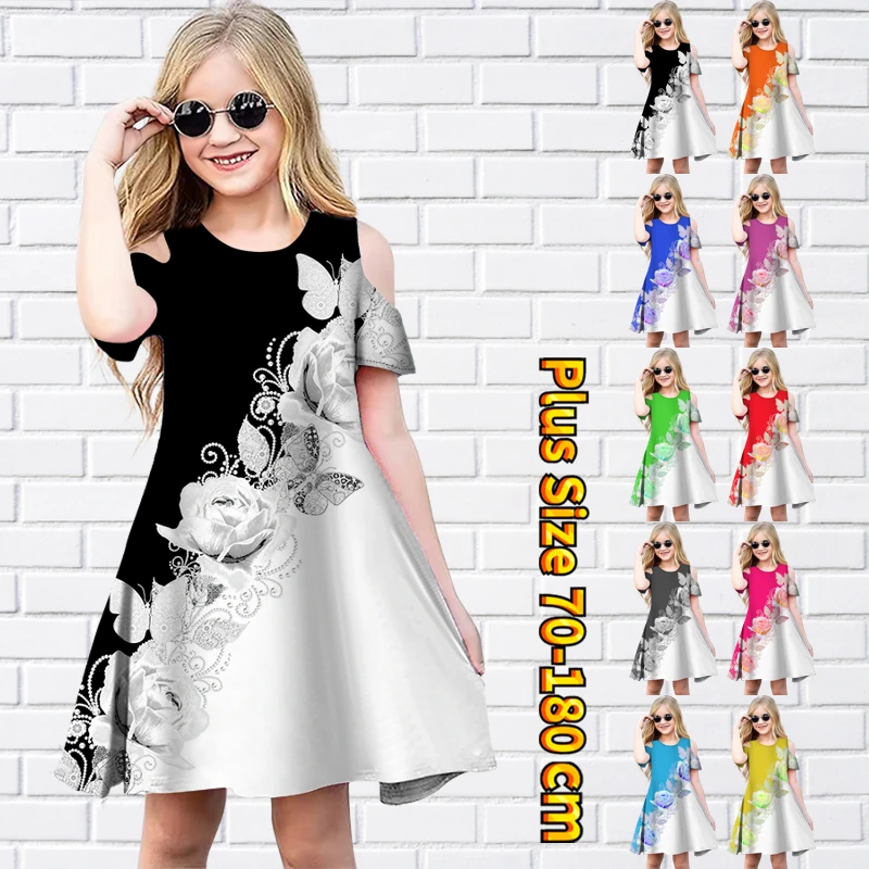 

2023 Summer Lovely Princess Skirt New Design Printing Dress Little Girl Fashion Casual Short Sleeve Skirt Round Neck Midi Skirt