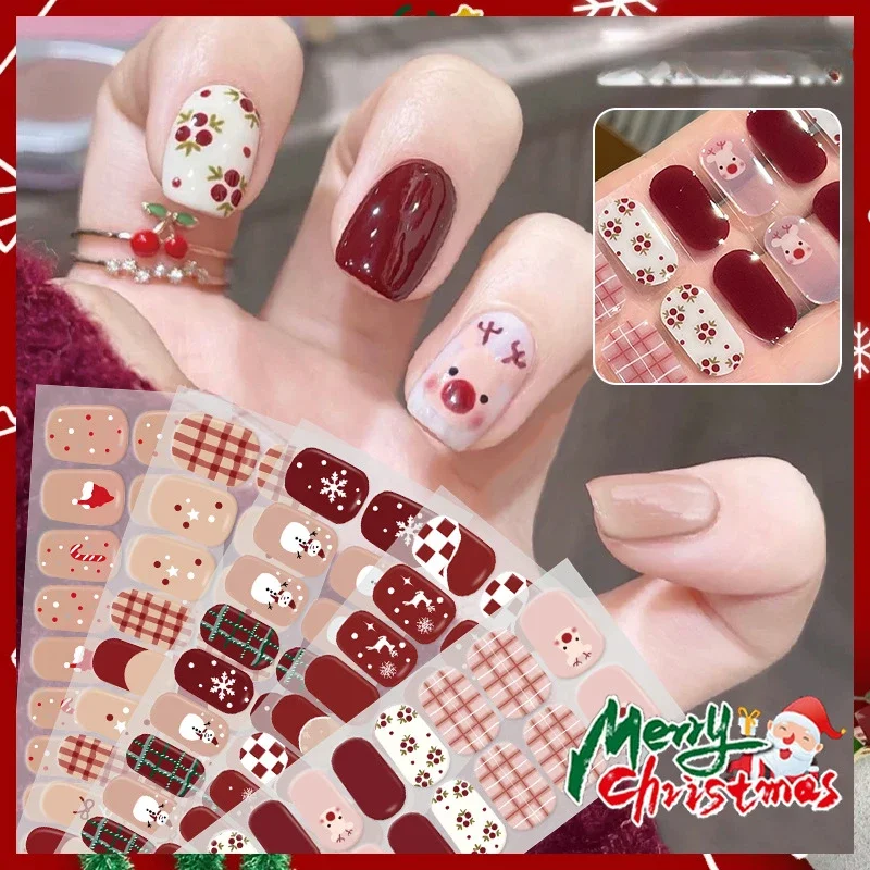 Nail Stickers Nail Art Tools Nail Decals 20 Tips Christmas Series UV Semi-cured Gel Nail Wraps Self Adhesive Full Cover Gel Nail Stcikers UV Lamp Need
