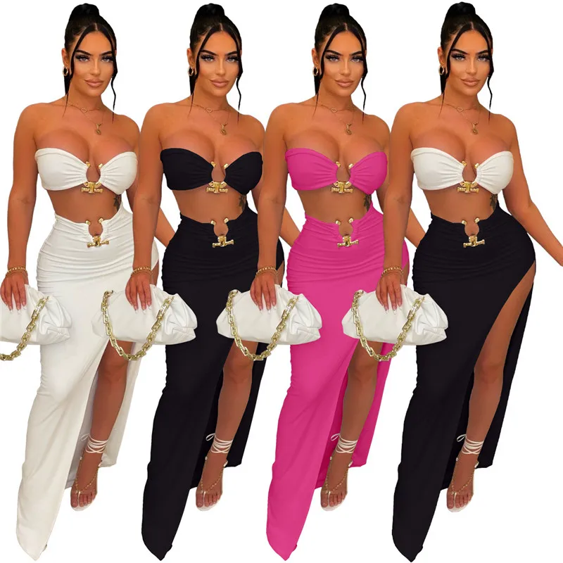 Women's Strapless Crop Top and Long Skirt Set, Sexy High Split Dress, Elegant Clothing, Party Club, Birthday Outfits, 2 Pieces