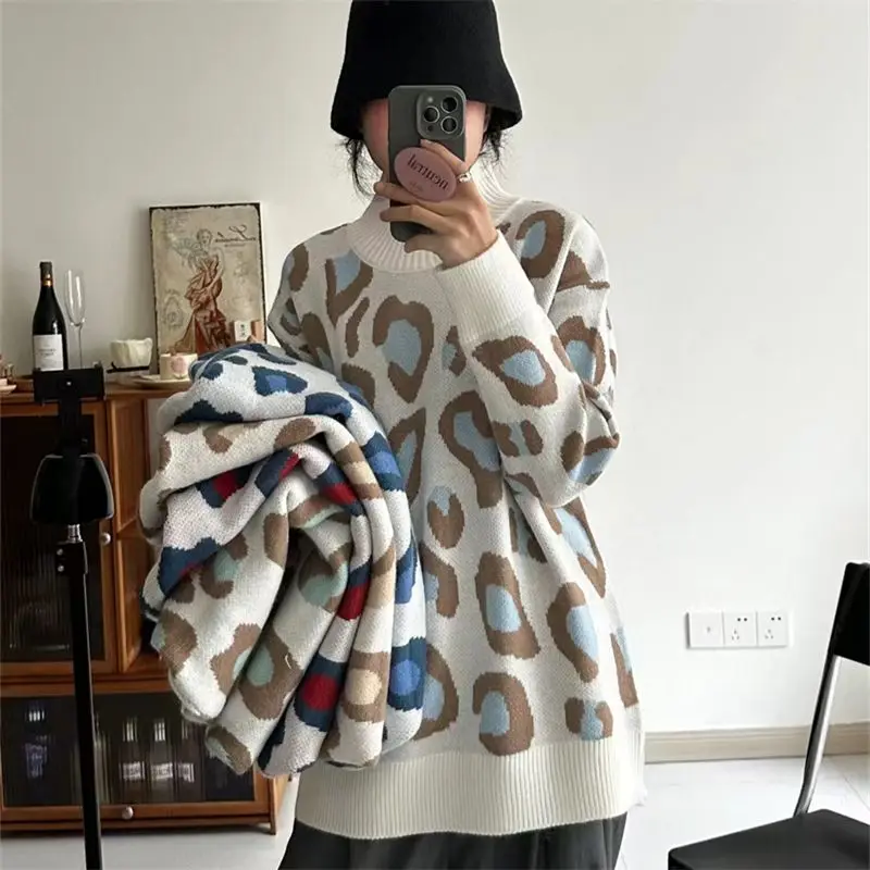 

Fashion Leopard Print Knitted Pullover Women Fall Winter Turtleneck Oversize Jumper Female Vintage Loose Warm Sweater Tops New