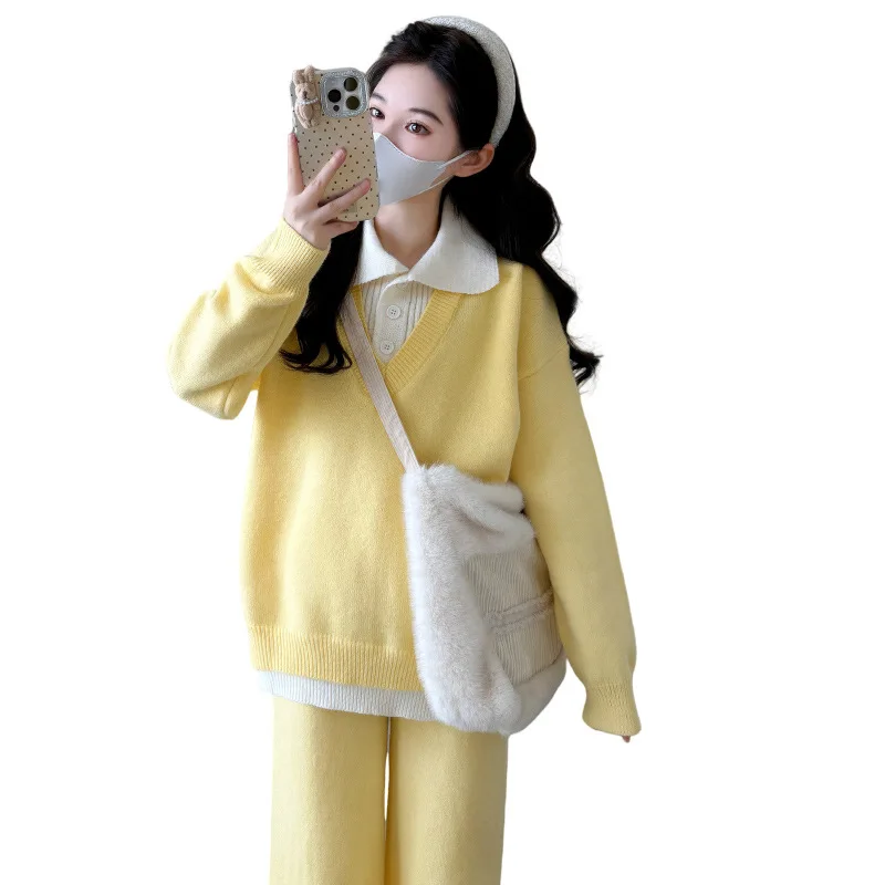 2025년 가을 신상품 미니멀리스트 귀여운 우아한 라펠 페이크 투피스 스웨터와 와이드 레그 팬츠 투피스 세트