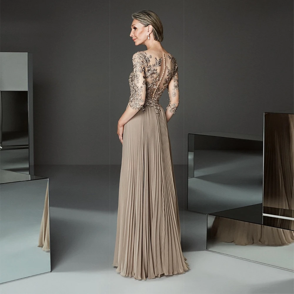 Strapless Brown Chiffon Mother of Bride Dresses Summer Three Quarter Lace Pleat Wedding Party Gowns Party