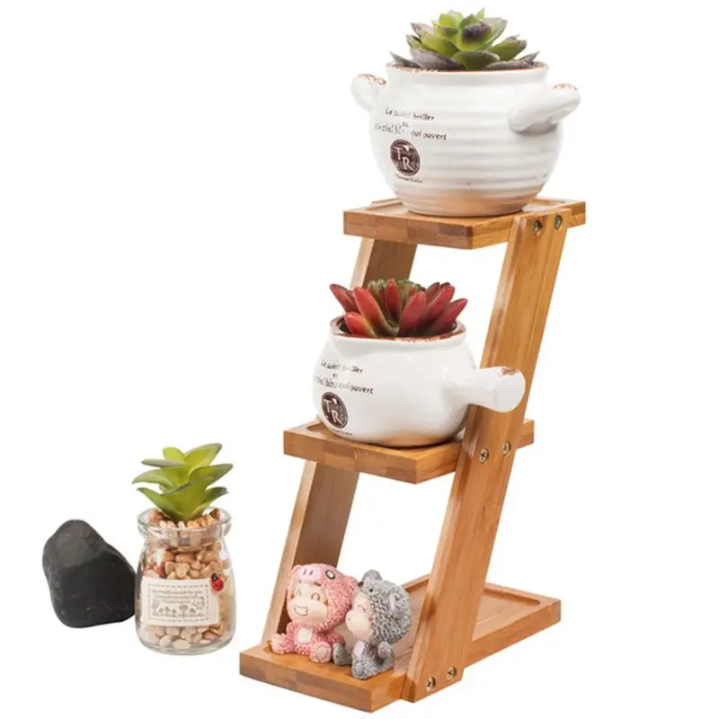 Bamboo Plant Stand Small Flower Display Rack Shelf Planter 3 Tier Plant Display Ladder Shelf Garden Desktop Decoration