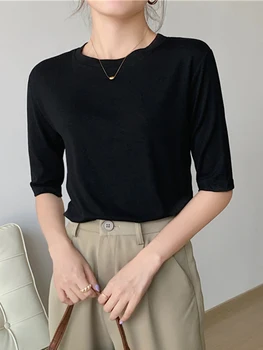 2025 الصيف نصف كم تي شيرت المرأة ملابس علوية من القطن تيز الصلبة س الرقبة الإناث عادية الأساسية مطاطا سليم تي شيرت رداء علوي غير رسمي 3